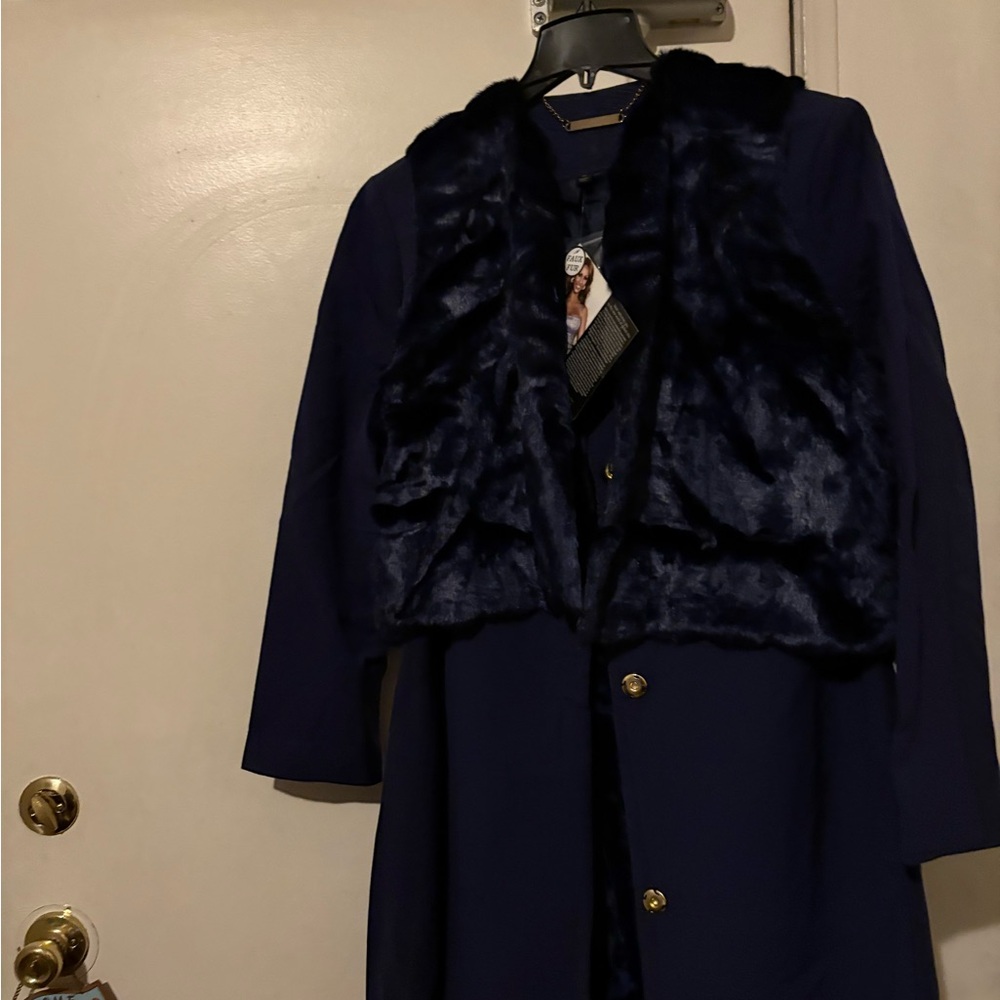 IMAN Navy Coat with Faux Fur Trim